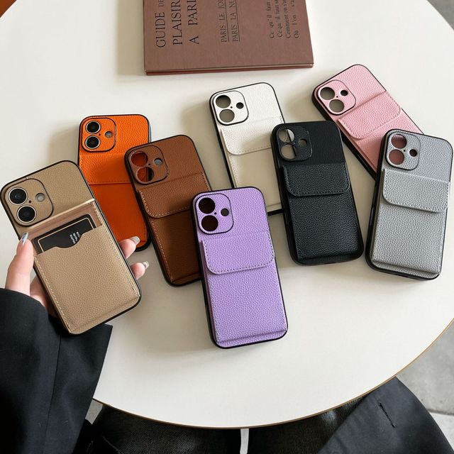Women Lychee Pattern Leather Phone Pouch for iPhone 16 15 14 13 12 11 Pro Max TPU Side Mobile Phone Case with Camera Protection