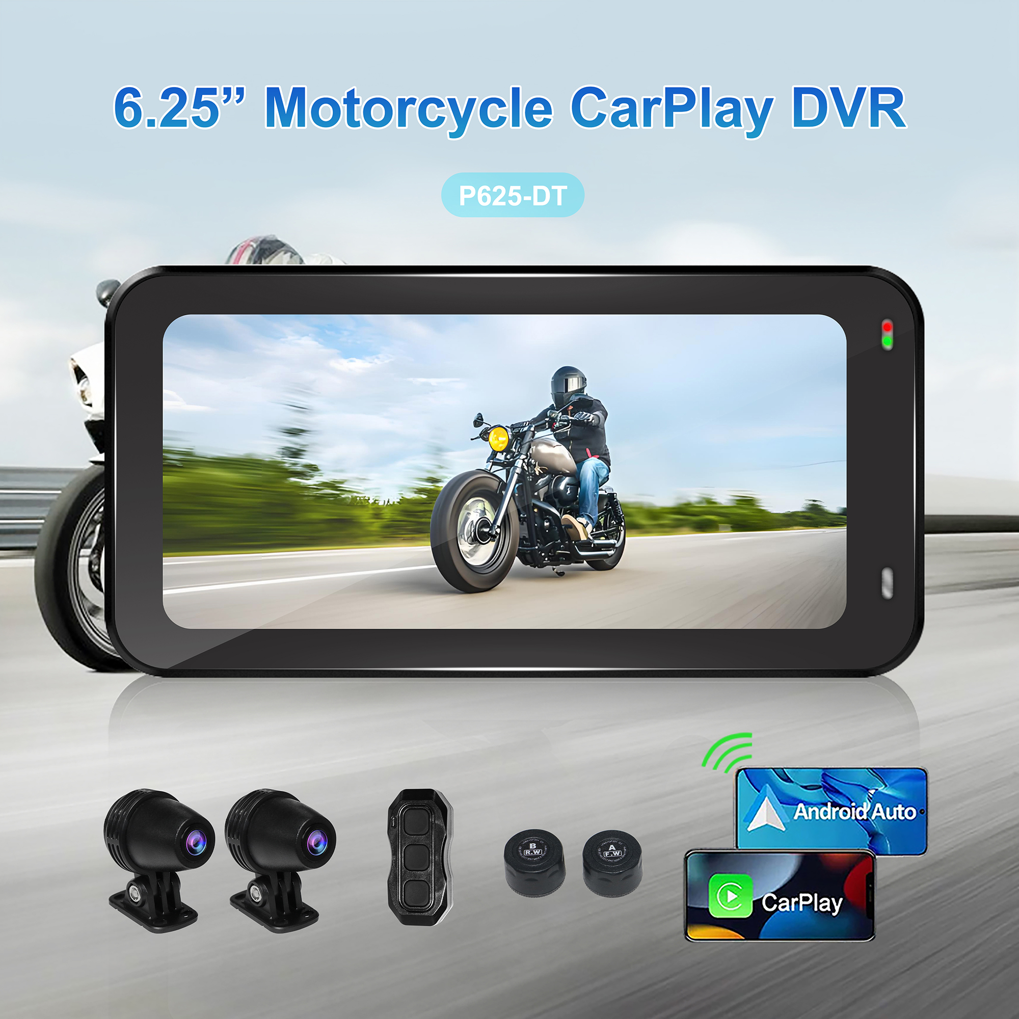 CAMECHO motorfiets draadloze Carplay & Android auto voor motorfietsen, 5 inch (12,7 cm) IP68 waterdicht HD-touchscreen voor motorfietsen met navigatie/Bluetooth/EQ/drukdetectie