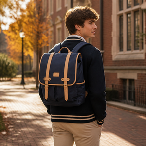 Classic Navy Canvas Laptop <b>Backpack</b> with Leather <b>Straps</b> Zipper Closure Unisex Softback 20-39L Waterproof USB Port Durable Design - Product Image 6