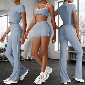 High Quality Plus Size Women's 2-Piece <b>Yoga</b> Gym Fitness Set Breathable Zippers Short Sleeve Sports Jacket <b>Flared</b> <b>Leggings</b> Solid - Product Image 3