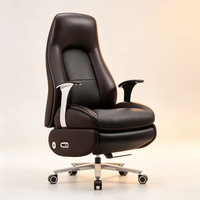Fauteuil de direction en cuir de vachette bicolore, élégante chaise de bureau pivotante de style racing avec appui-tête intégré
