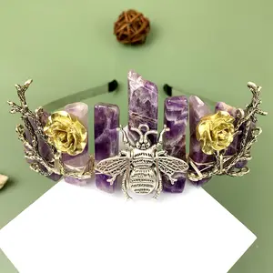 Tiara di cristallo grezzo pietra piatta corona di cristallo con rami fiori api donne dea luna copricapo di quarzo da sposa