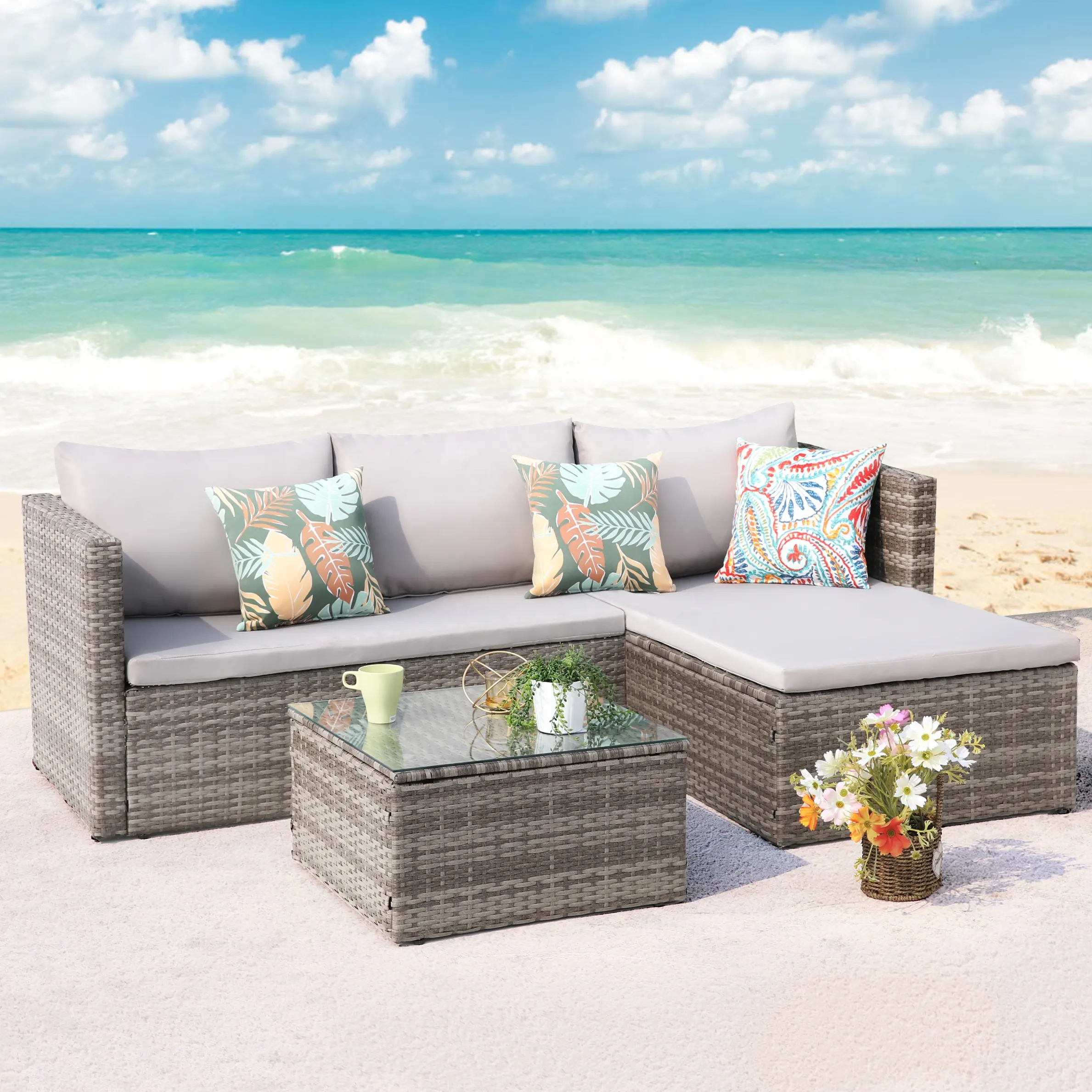 Moderne graue Metall Stahl Hinterhof Möbel Seil Garten Sofa Set Rattan Patio Möbel Set Wicker Outdoor Möbel Garten Set