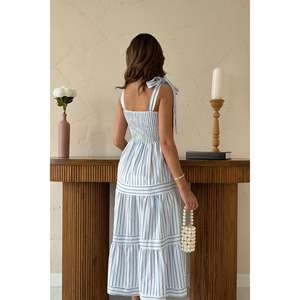 เดรสทรงเอลายทางสีน้ำเงิน เอวสม็อค ไร้สายรัด ระบายอากาศได้ดี ผ้าทอ สวมใส่สบายๆ ทุกวัน - Product Image 1