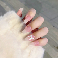 24 faux ongles cercueil moyens à presser, rose nude ombré, avec nœud blanc 3D, réutilisables en ABS, avec colle, pour femmes, pour usage quotidien