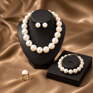 4-Piece Bridal Pearl Jewelry Set Faux Pearl Necklace Bracelet Earrings Ring <b>Suite</b> Elegant Mother of the Bride Gift Nickel Free - Product Image 5