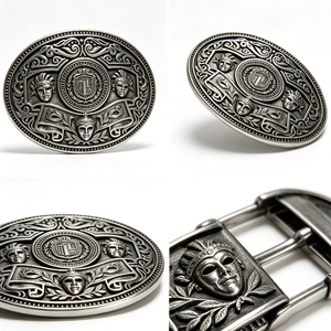 Hebilla de cinturón de aleación de zinc plateada antigua con diseño de máscaras y escudo en relieve, insignia redonda para coleccionismo artístico - Product Image 3