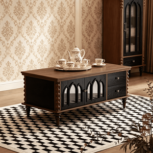 Vintage Gothic Wooden Coffee <b>Table</b> with Glass Doors & Drawers, <b>Storage</b> Living Room <b>Table</b> - Product Image 6