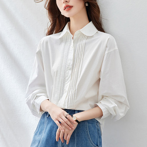 Cotton Organ Pleated White Shirt Women's Long Sleeve 2026 Spring Design Blouse Artistic Temperament Pure Cotton Shirt - Product Image 1