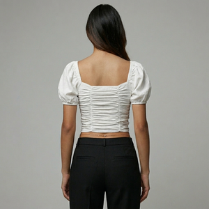 Vietnam Manufacturer Women's White Ruched Crop Blouse Square Neck <b>Balloon</b> Sleeve Short Sleeve Solid Cotton - Product Image 4