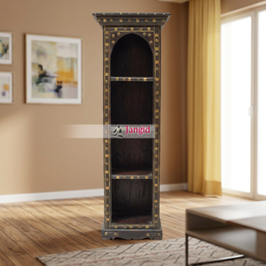 Librería/Estantería de madera vintage con vitrina y cuatro niveles de estanterías de madera con herrajes de latón, mueble de biblioteca para el hogar, hotel, casa de campo. - Product Image 4
