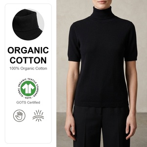 Haut tricoté à <span class=keywords><strong>col</strong></span> <span class=keywords><strong>roulé</strong></span> et manches courtes pour <span class=keywords><strong>femme</strong></span> en coton 100% biologique, certifié GOTS, style minimaliste, sous-vêtement de base, luxe discret - Product Image 1