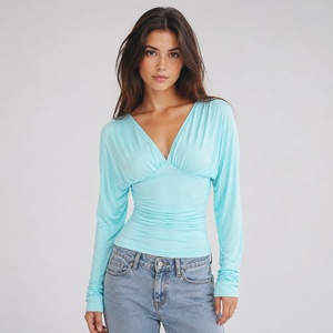 Camiseta de manga larga con cuello en V para mujer, ajuste ceñido con lazo en la cintura, color liso, top básico al por mayor, 95% viscosa 5% elastano, transpirable, fruncido - Product Image 6