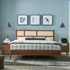 Solid Wood Mid Century King <b>Size</b> Cane <b>Bed</b> Brushed Walnut Finish Natural Rattan Headboard Luxury Bedroom Furniture for Hotel - Product Image 1