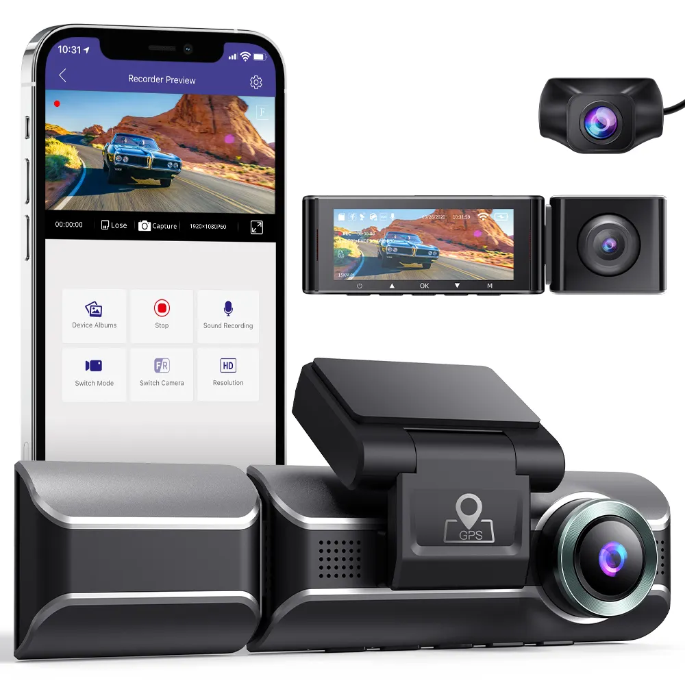 AZDOME M550 Dashcam 3 Channels, Front Inside Rear 1440P+1080P+1080P Car DVR, 4K+1080P Dual, 3.19" IPS+WiFi+GPS+Parking mode