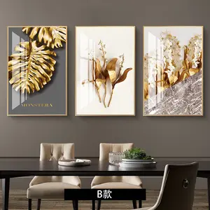 客厅装饰北欧金色植物树叶花卉壁画版画Cuadros装饰水晶艺术树叶画