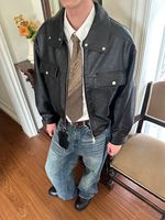 Blouson Bomber Décontracté Marron Personnalisé en Usine, Coupe Ample, Fermeture Éclair, Poignets Côtelés, Col Rabattu en Cuir PU, Coupe Ample pour Homme, Léger, avec Logo