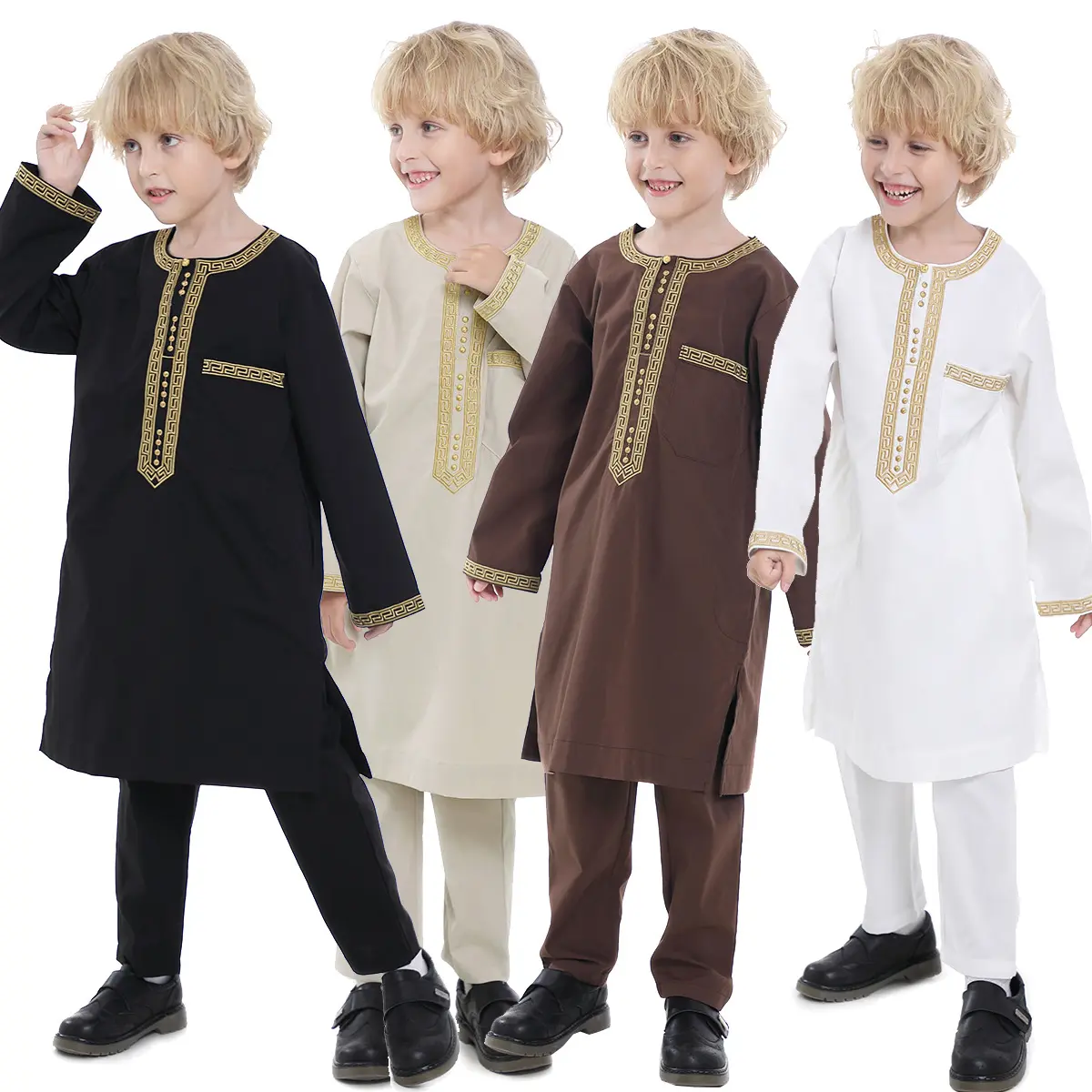 New Embroidery 2 Ps Set Long Sleeve Shirt Tops And Pants Thobe Arabic Boys Teenagers Islam Fashion Children Kids Clothing Muslim