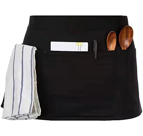 Delantal corto personalizado de poliéster y algodón pesado, impermeable, color negro, para camarero o camarera