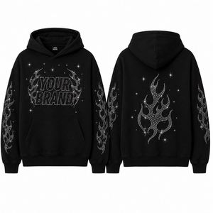Sweat-shirt à capuche personnalisé avec strass pour homme, style streetwear oversize, en coton premium French Terry, avec logo sur le devant, service ODM OEM - Product Image 3