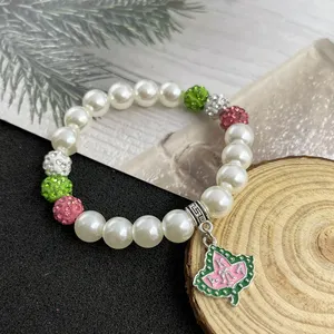 Pulseira elástica feita à mão, frisada verde e rosa, joias para senhoras sorority, presentes, sororidade, pulseiras gregas