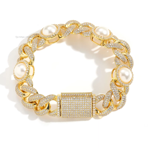 Hip Hop 15mm Pearl <b>Cuban</b> <b>Chain</b> Hip Hop Bracelet Men's Accessories Tanjing Fashion Lijing Necklace - Product Image 1