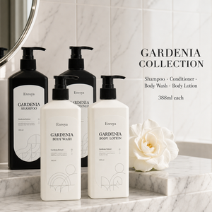 Ensemble d'articles de toilette Enroya Gardenia 388 ml, shampoing, après-shampoing, gel douche, lotion pour <span class=keywords><strong>le</strong></span> corps, extrait de gardénia, kit de salle de bain de luxe pour <span class=keywords><strong>hôtel</strong></span> - Product Image 1