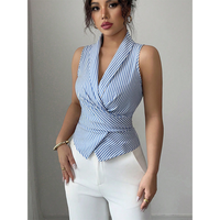 Camisa de Verano 2025 sin Mangas para Mujer, de Satén y Poliéster, Cuello Redondo, Diseño de Parches, Cintura Ajustada, Estilo Europeo Americano, Rayas, para Oficina
