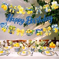 DAMAI Blauw Wit Porseleinen Citroen Gelukkige Verjaardag Banner Fruit Party Hangende Banner Verjaardag Bruiloft Feestartikelen