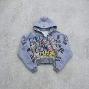 เสื้อฮู้ดโอเวอร์ไซส์สีเทาแบบซิปสำหรับผู้ชาย สไตล์สตรีทแวร์ พิมพ์ลายด้านหน้า แขนปกติ ผ้าเฟรนช์เทอร์รี่ มีฮู้ด สไตล์ฤดูใบไม้ร่วง - Product Image 1