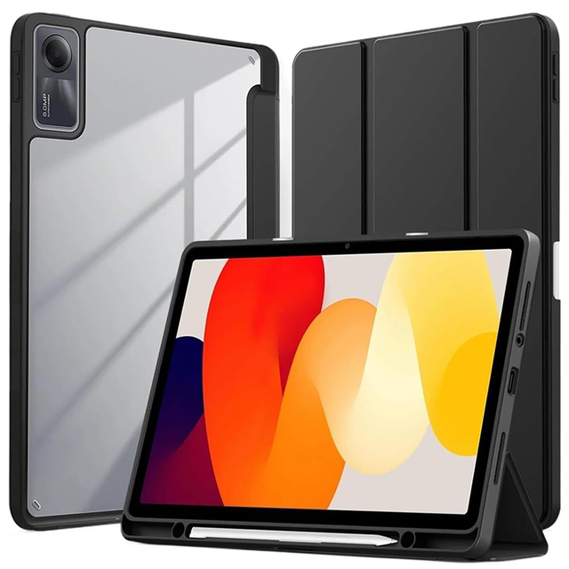 Tri-Fold Tablet Case for Redmi Pad SE 11inch 2023 Cover with Pen Holder Clear Hard Back Cover Shockproof Protective Tablet Shell