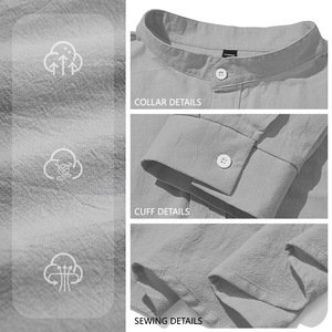 Camicie da <span class=keywords><strong>uomo</strong></span> in <span class=keywords><strong>lino</strong></span> a maniche lunghe con colletto alla coreana, polsini regolabili, tasca sul petto, traspiranti, leggere, ideali per le vacanze, personalizzabili OEM - Product Image 4