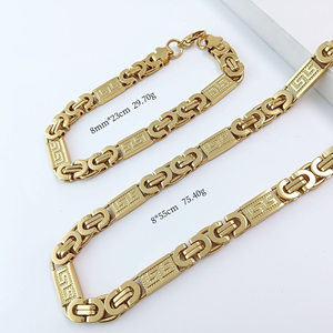 Conjunto de Joyería para Hombre en Acero Inoxidable, Brazalete Bizantino y Collar Plateado con Baño de Oro de 18k, Dos Tonos, Estilo <span class=keywords><strong>Cubano</strong></span> Grande - Product Image 5