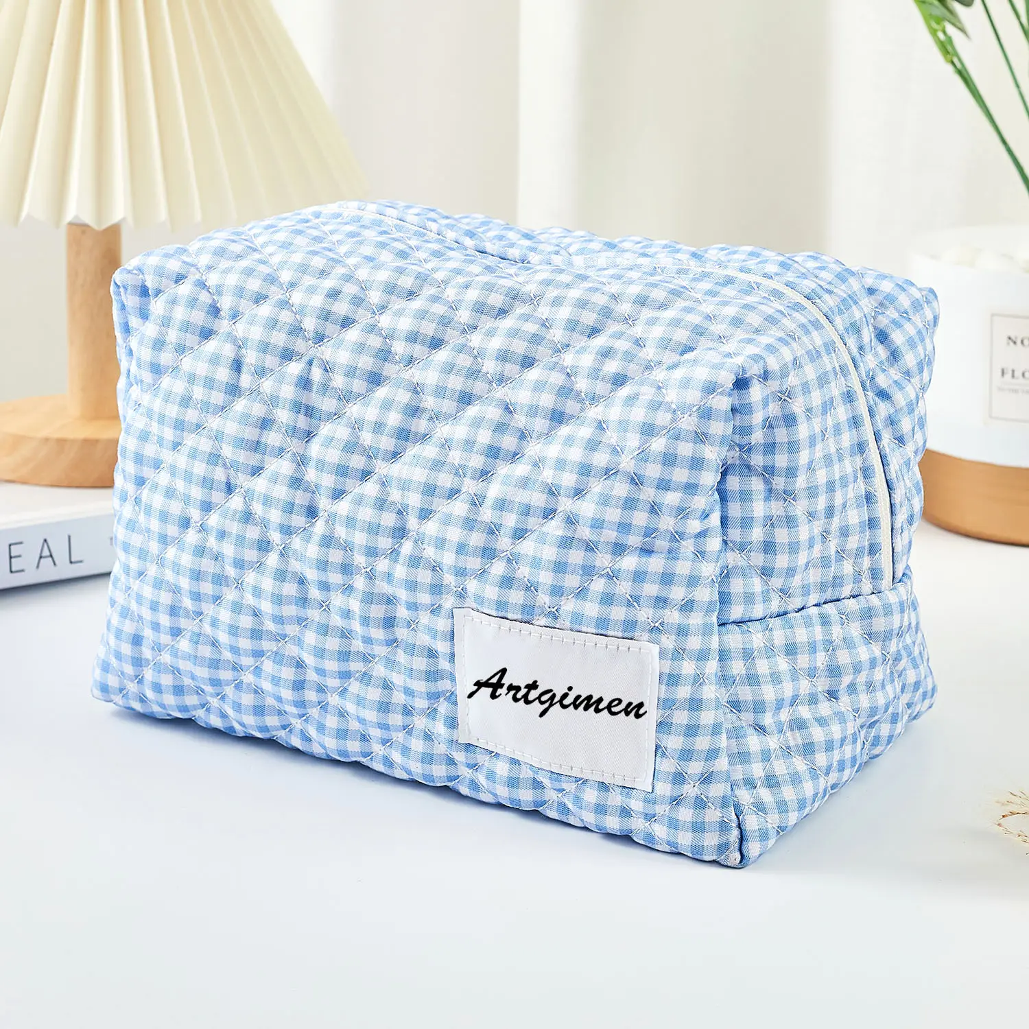 Private Label Mulheres Viagem Leve Make Up Bag Azul Guingão Maquiagem Bolsa Bonito Pequeno Algodão Floral Acolchoado Saco Cosmético