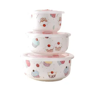 Penjualan Laris Set Mangkuk Keramik Mangkuk 3 Buah Mangkuk Keramik Putih dengan Desain Es Krim dan Cupcake