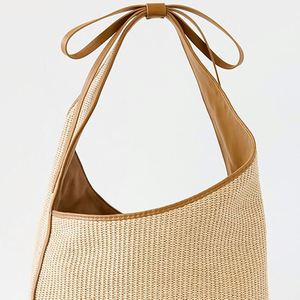 Bolso Tote Mediano Personalizado para Mujer, Bolso de Hombro Tejido de Rafia Natural para Otoño/Invierno, con Ribete de Cuero Sintético, para Playa y Viajes - Product Image 3
