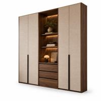 Armoire de chambre personnalisée en panneau CE ENF, grain de noyer beige, niche ouverte avec éclairage LED chaud pour chambre parentale, OEM