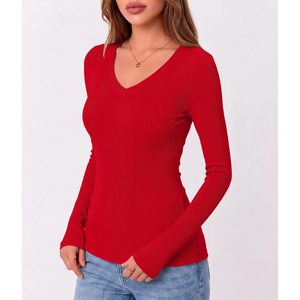 Camiseta básica ajustada de punto acanalado con cuello en V y manga larga para mujer, ropa informal para otoño - Product Image 5