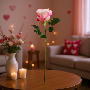 Rosa artificiale Eb Simulation Rose 25 in bianco e rosa, fiore singolo finto per decorazioni di San Valentino, fiore artificiale classico fatto a mano. - Product Image 2