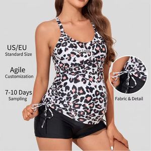 <span class=keywords><strong>Maillot</strong></span> <span class=keywords><strong>de</strong></span> <span class=keywords><strong>bain</strong></span> <span class=keywords><strong>de</strong></span> <span class=keywords><strong>grossesse</strong></span> deux pièces imprimé léopard personnalisé en gros, tankini avec haut <span class=keywords><strong>de</strong></span> <span class=keywords><strong>maillot</strong></span> froncé sur les côtés et short, OEM - Product Image 1