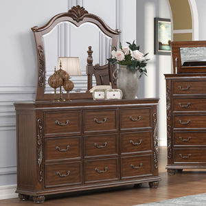 Ensemble de chambre à coucher traditionnel en noyer foncé antique - 5 pièces avec lit à baldaquin, commode, miroir, armoire et table de chevet - Product Image 2