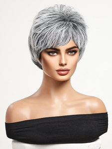 Grigio nero nonna capelli corti Pixie Bob sintetica parrucca a strati frangia resistente alle alte Temperature in fibra reale foto - Product Image 6