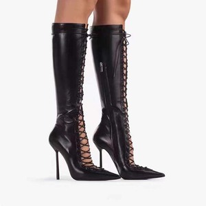 Women's Pointed Toe Lace-Up Front Cut <b>Knee</b>-<b>High</b> Boots PU Solid Stiletto Slim Heels Side Zipper Big Size 44 Western Style - Product Image 6