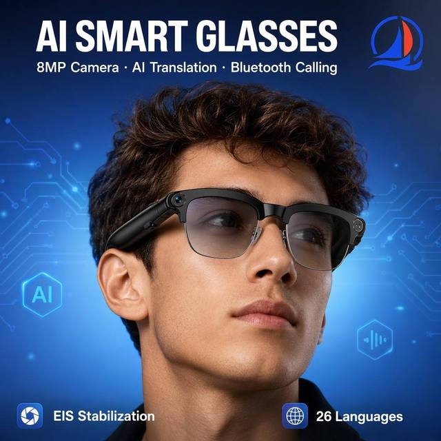 OEM Semi-Rimless AI Smart Glasses with 8MP EIS Camera & Real-Time Translation BT Calling Recording Glasses for Wholesale