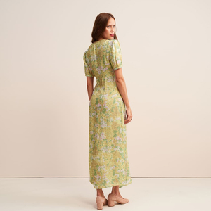 Avocado Green Puff Sleeve Floral Maxi <strong>Dresses</strong> <strong>Summer</strong> Resort Women's v Neck <strong>Shift</strong> <strong>Dress</strong> - Product Image 2