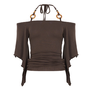 Camiseta de manga acampanada con cuello Halter y hombros descubiertos para mujer, Top corto de punto Modal, moda informal, elegante, estilo callejero de verano - Product Image 6