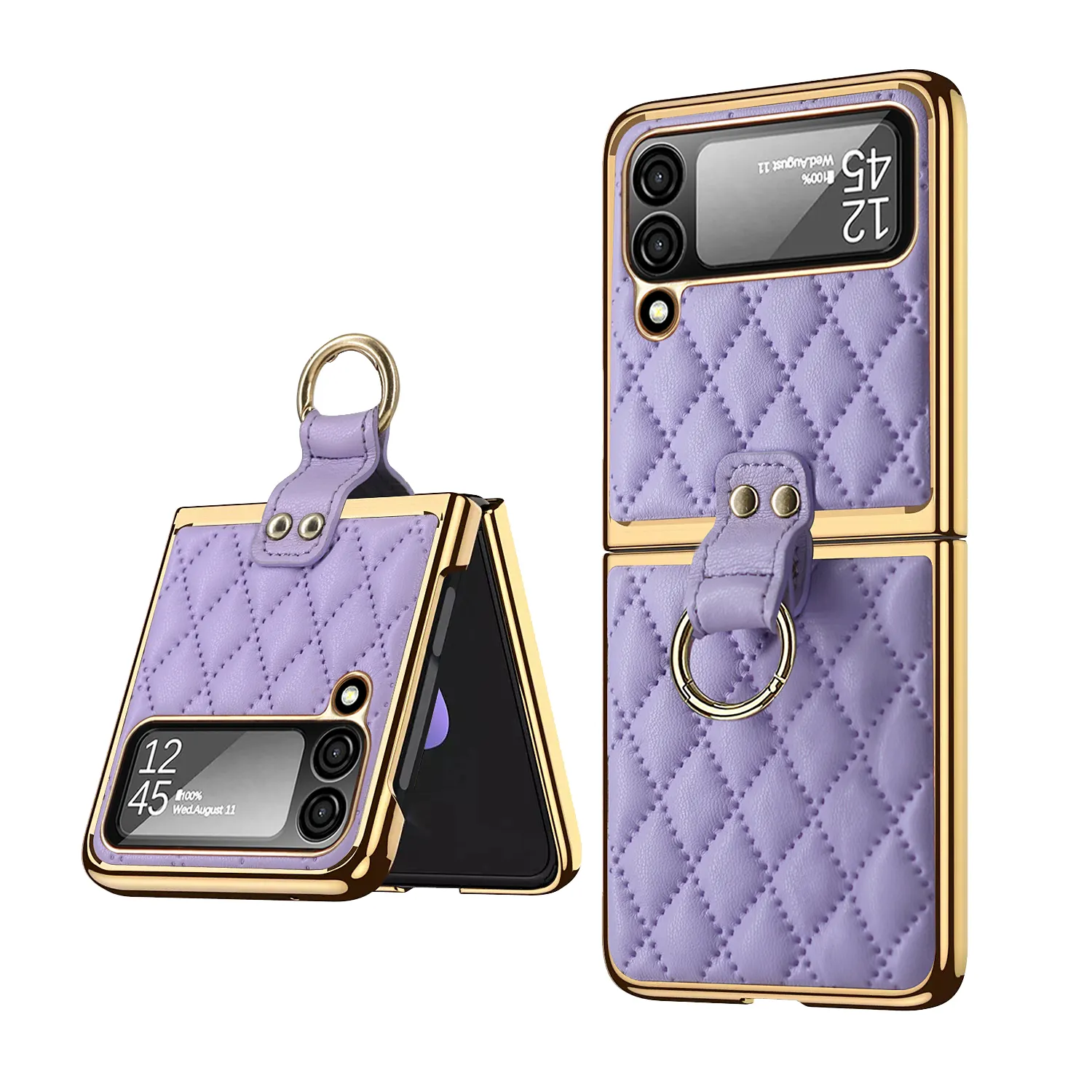 Luxury Gold Plated PC folding screen ring phone casing cover for samsung galaxy z flip 4 3 5g leather case shockproof with ring