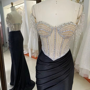 Abiti da Ballo a Sirena Nero <span class=keywords><strong>e</strong></span> Nudo con Corpetto a Corsetto con Nappe, Catena di Perline, Senza Maniche, in Raso Pieghettato a Mano all'Ingrosso - Product Image 1