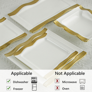 Ensemble d'assiettes à dîner en céramique à bord doré TQ Vaisselle Assiettes carrées en porcelaine <span class=keywords><strong>blanche</strong></span> de luxe Plateau de service Plats avec bordure dorée ondulée - Product Image 6