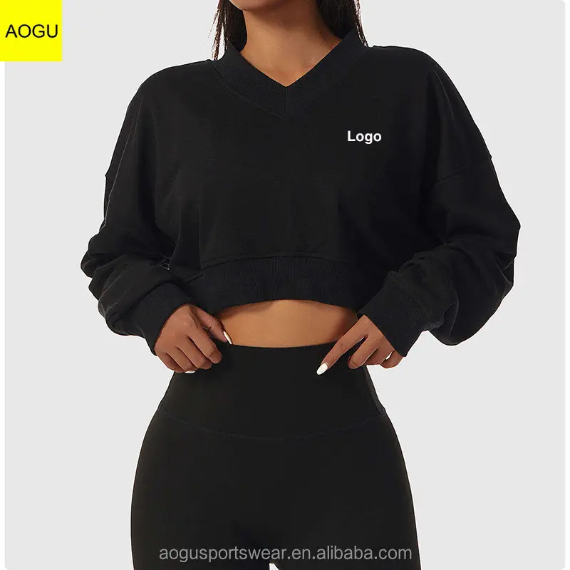 Logo personalizzato manica lunga abbigliamento sportivo Fitness palestra abbigliamento da allenamento Crop top tuta felpe da donna oversize